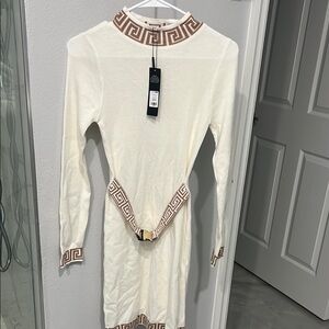 Elegant White Dress with Brown Accents